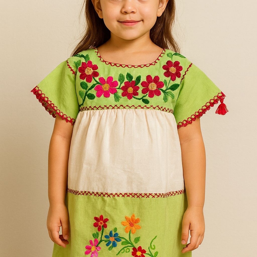 Girls Mexican Embroidered Dress Green White Cotton Handmade Huasteco Folk Size 4